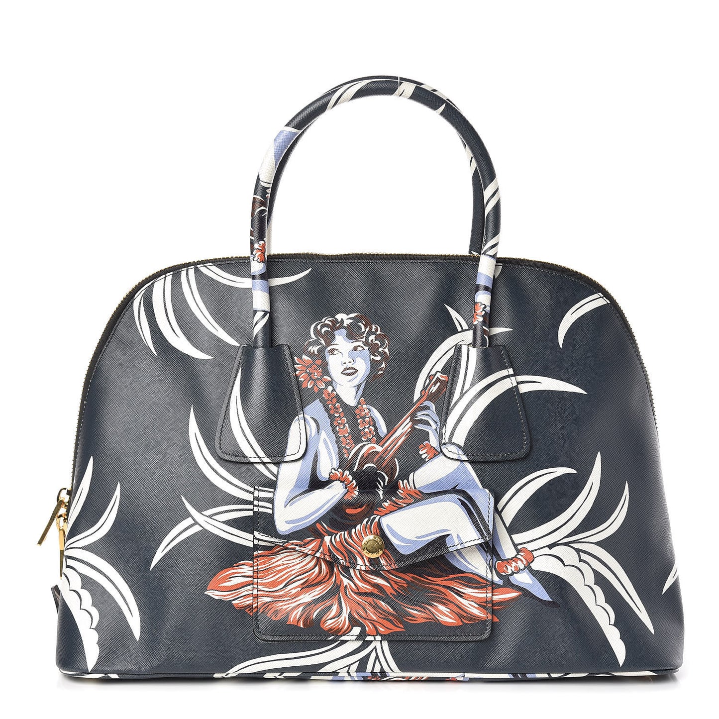 Saffiano Print Hawaiian Girl Front Pocket Tote Smeraldo