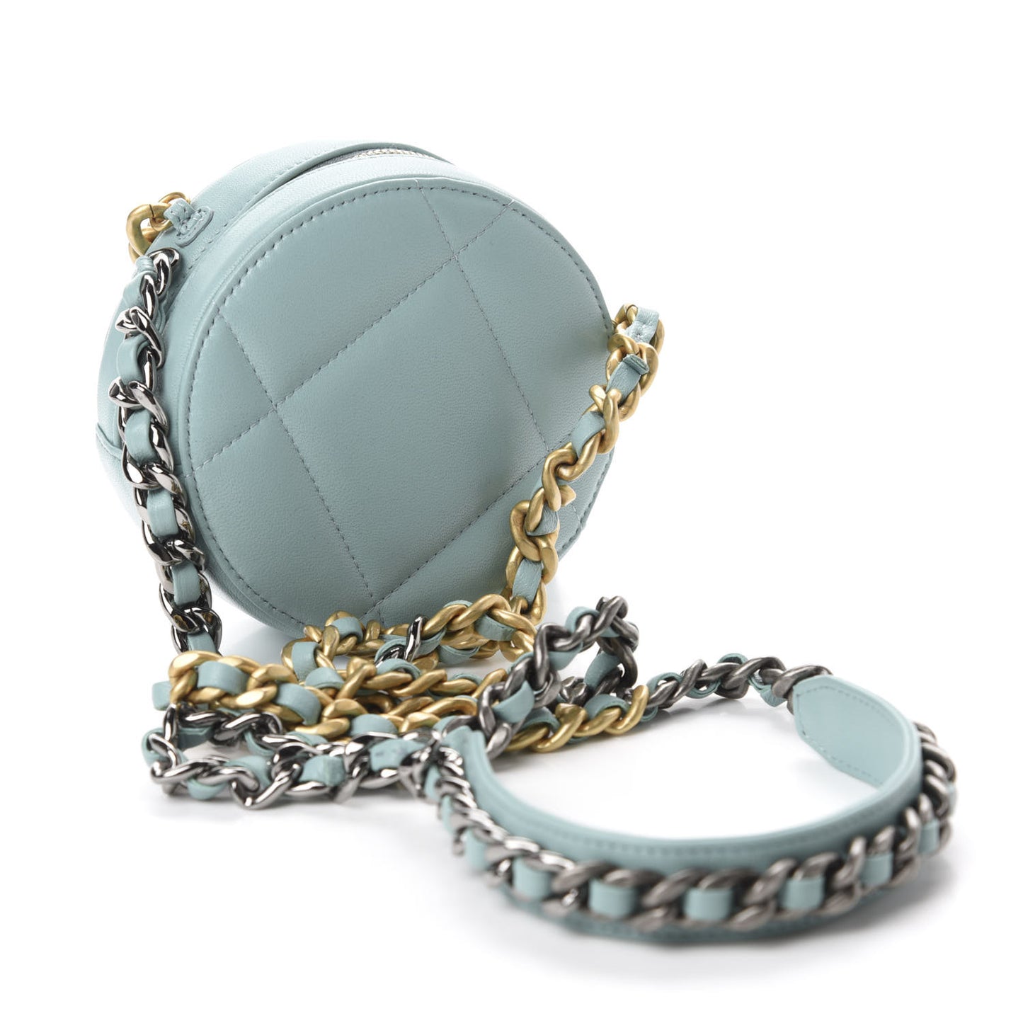 Goatskin Quilted 19 Round Clutch With Chain Light Blue