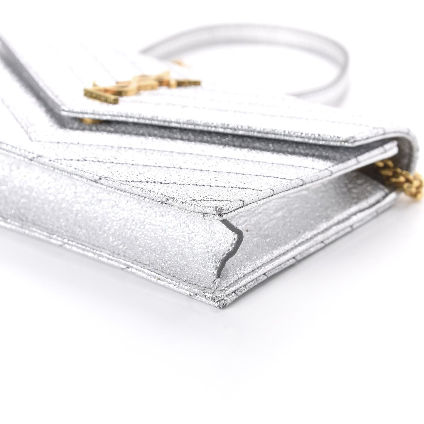Metallic Calfskin Matelasse Chevron Monogram Envelope Chain Wallet