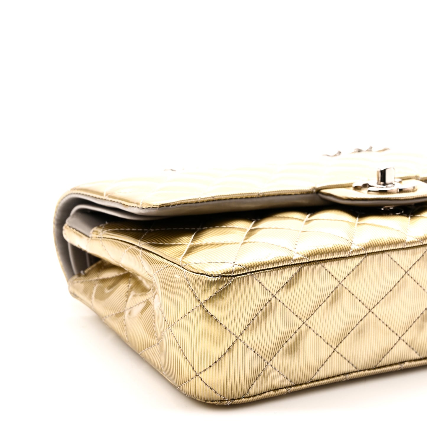 Striated Patent Quilted Medium Double Flap Gold