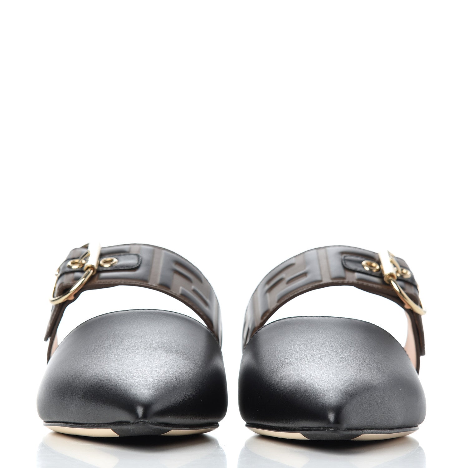 Fendi Vitello FF Embossed Buckle Flat Mules 38.5 Maya Black 2 of 8