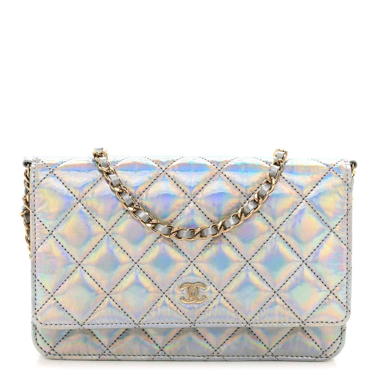 Iridescent Goatskin Quilted Wallet On Chain WOC Silver