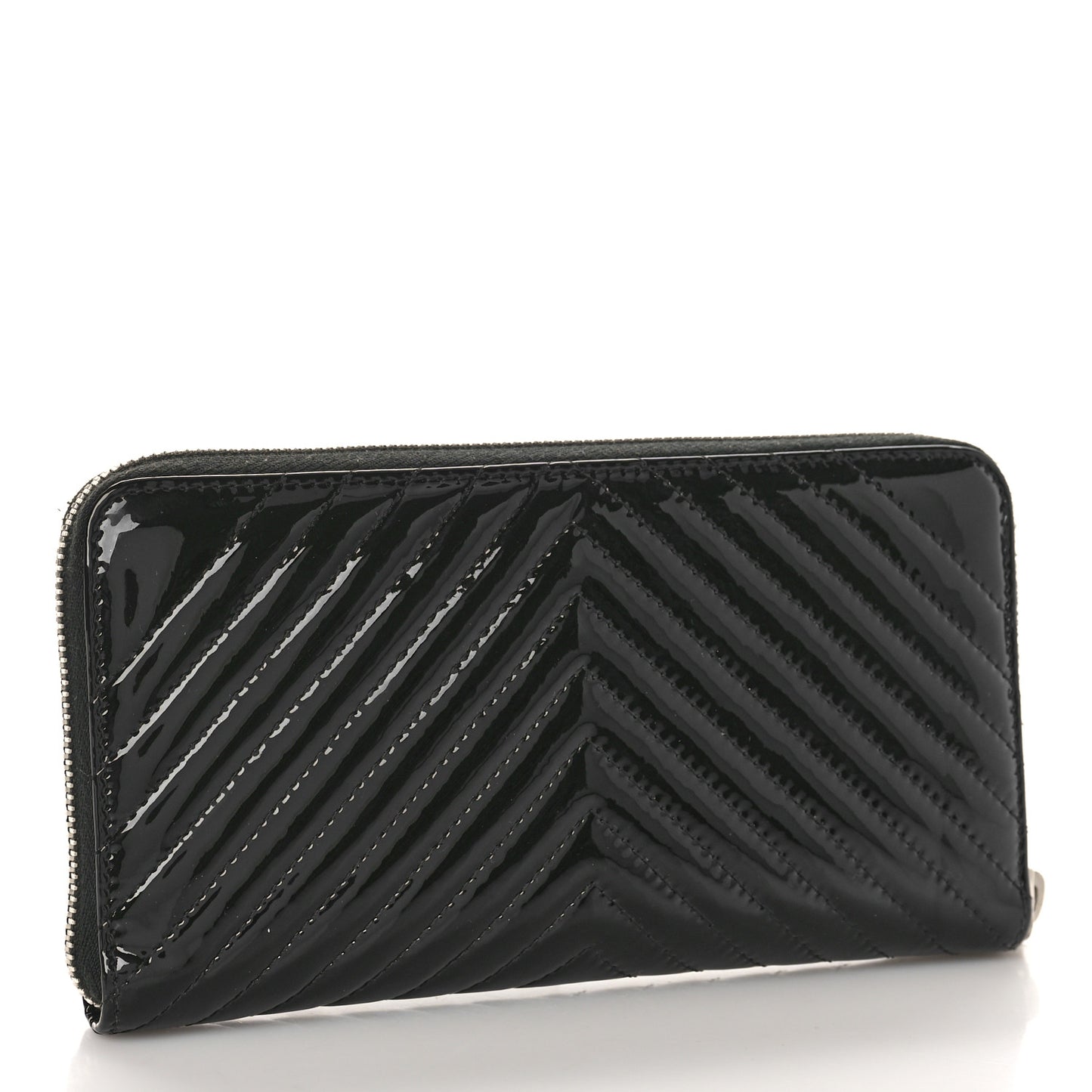 Patent Chevron Quilted CC Zip Around Wallet Black