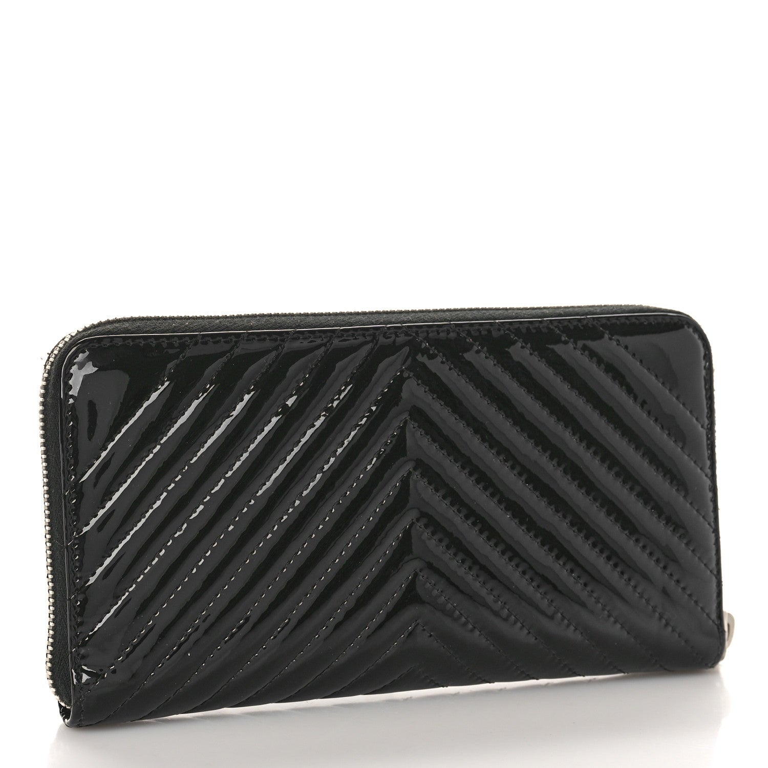 Chanel Patent Chevron Quilted CC Zip Around Wallet Black 3 of 13