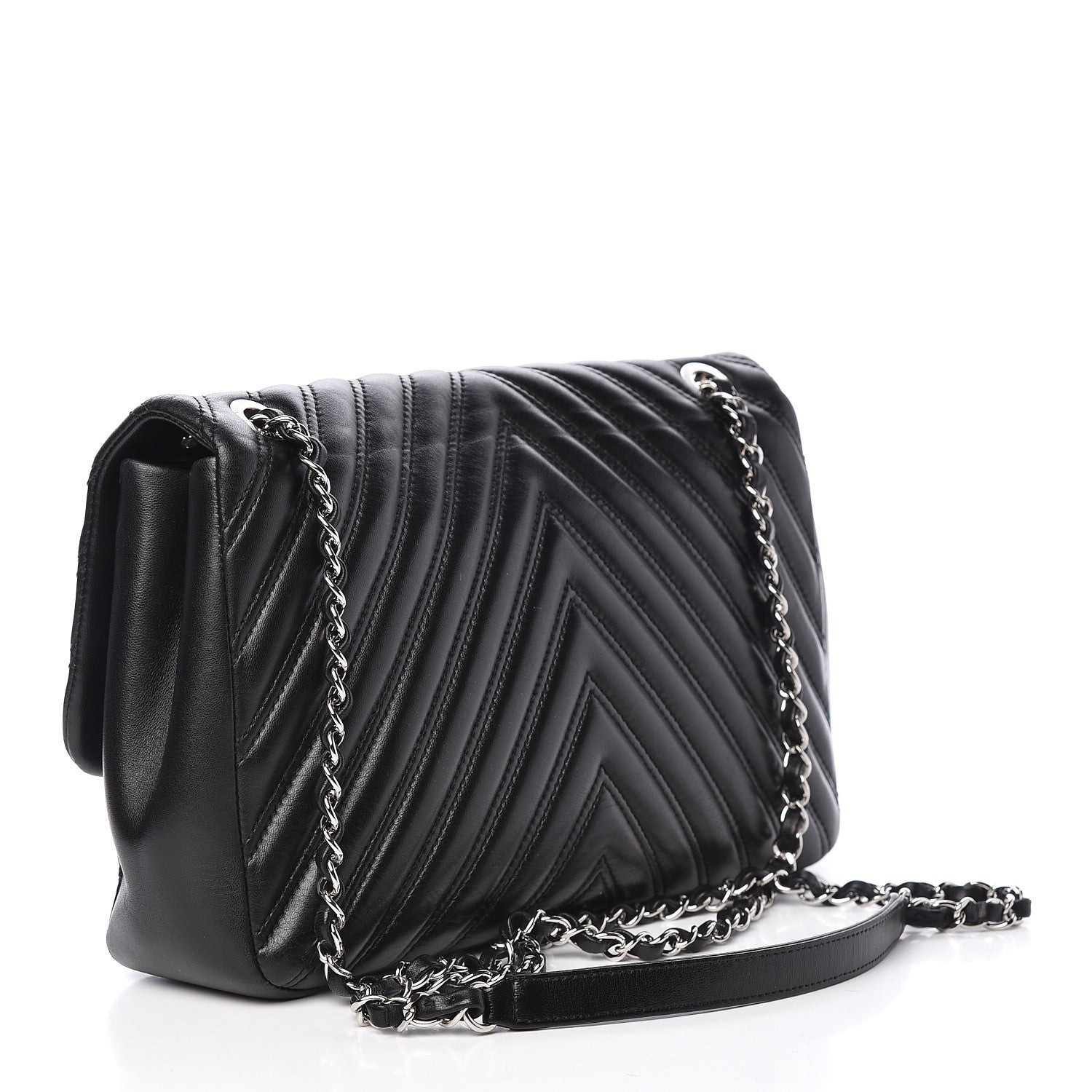 Chanel Lambskin Chevron Quilted Double Stitch Jumbo Single Flap Black 3 of 13