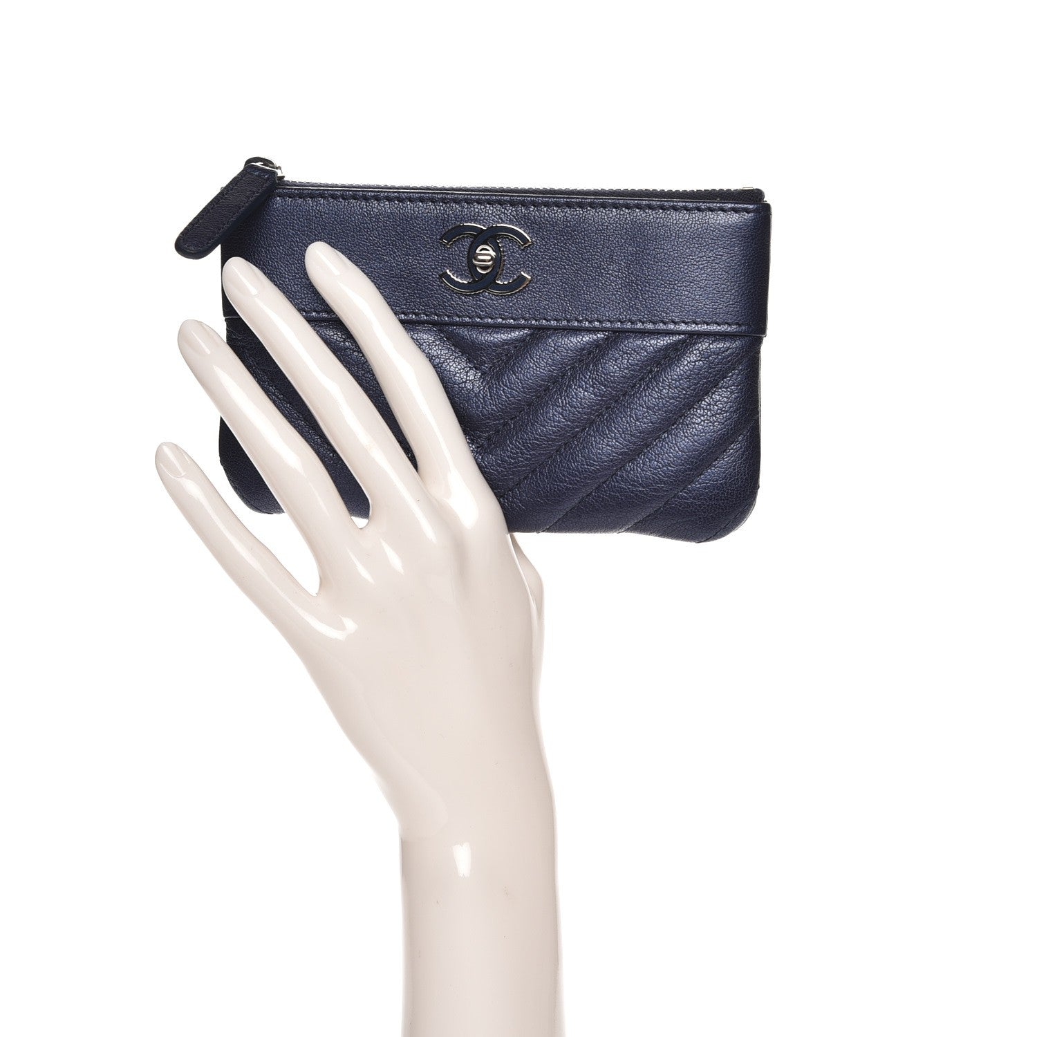 Chanel Metallic Sheepskin Chevron Quilted Small Vintage Mademoiselle Cosmetic Case Navy 2 of 8