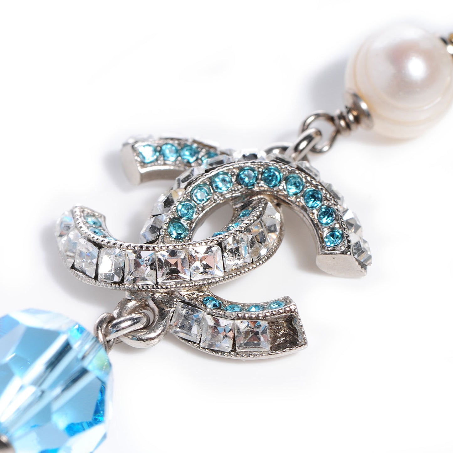 Pearl Crystal CC Beaded Long Necklace Silver Blue