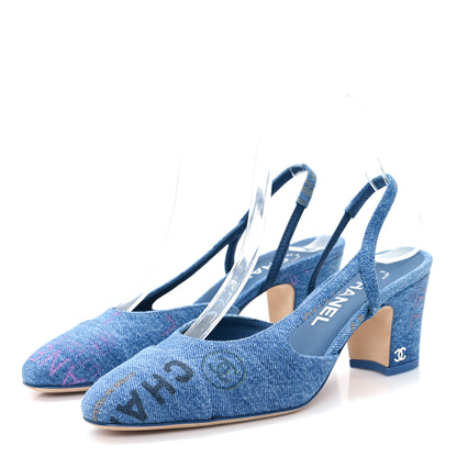 Chanel Denim Printed Mood Cap Toe CC Slingback Pumps 36.5 Light Blue Multicolor 4 of 9