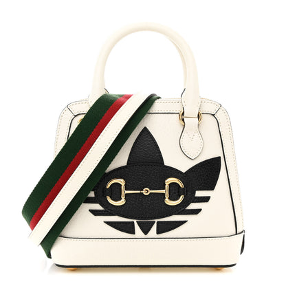 Gucci X ADIDAS Textured Dollar Calfskin Web Trefoil Mini Horsebit 1955 Top Handle Bag Off White Black 1 of 10