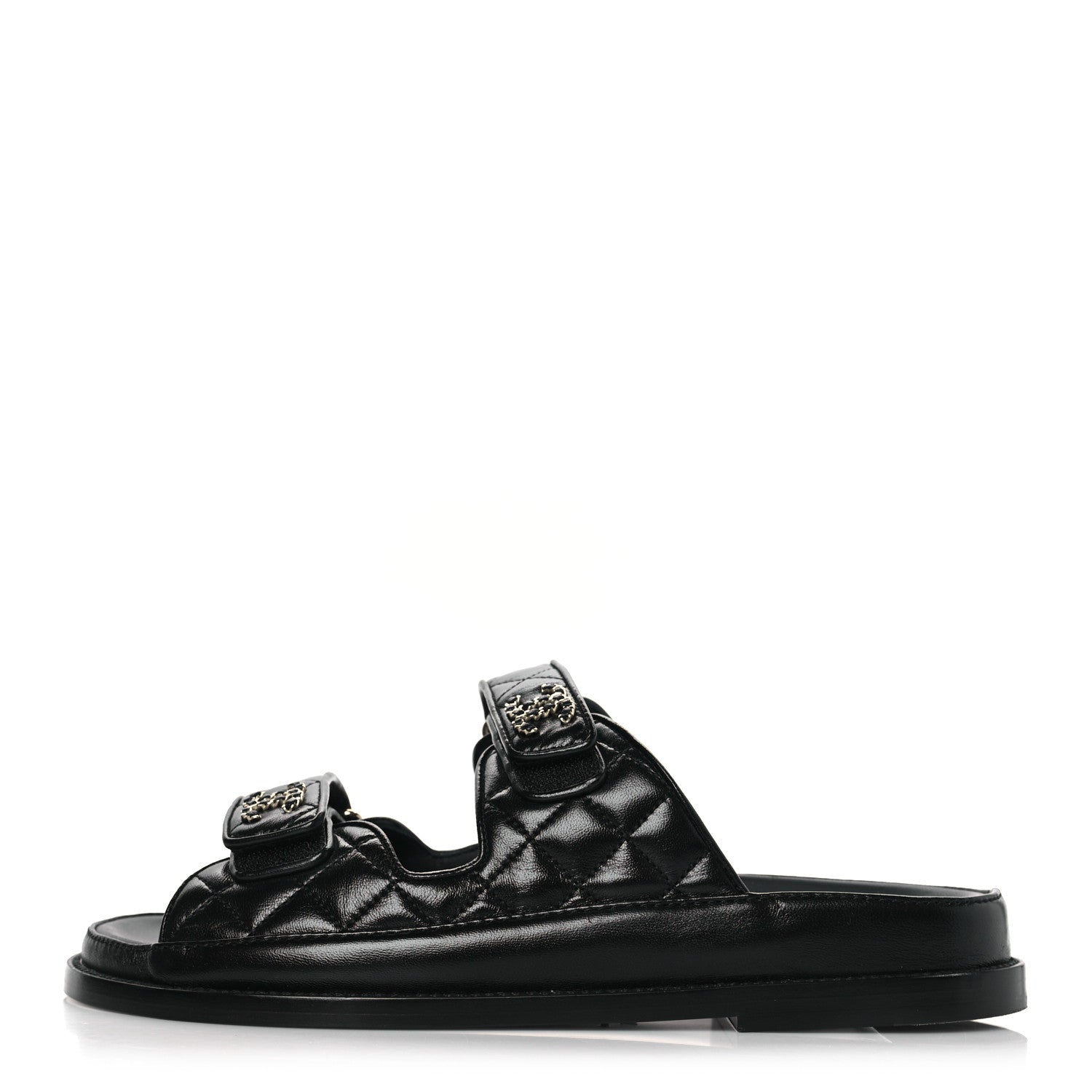 Chanel Lambskin Quilted Velcro Dad Chain CC Slide Sandals 38 Black 1 of 9