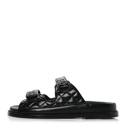 Chanel Lambskin Quilted Velcro Dad Chain CC Slide Sandals 38 Black 1 of 9