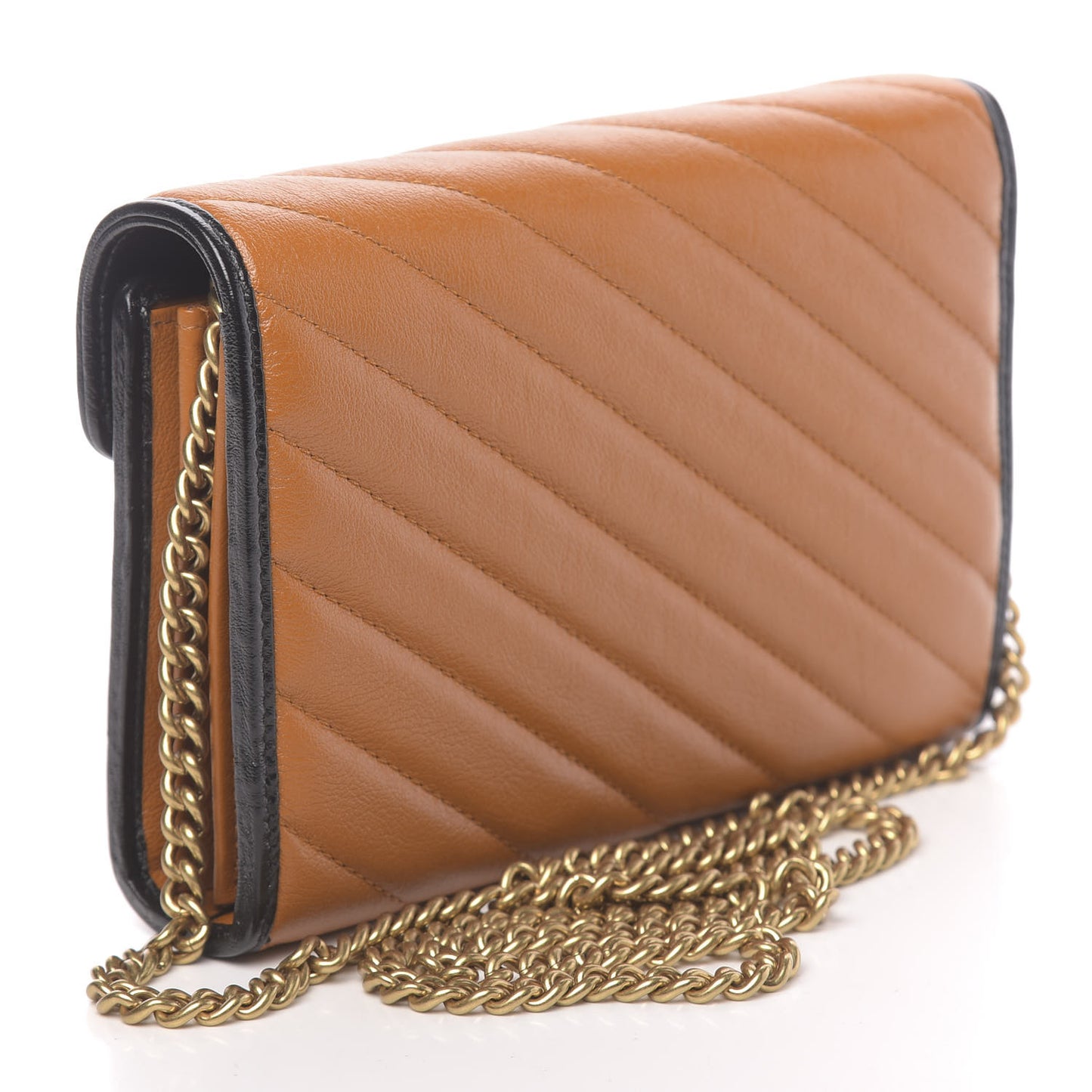 Vintage Effect Calfskin Matelasse Diagonal Torchon GG Marmont Chain Wallet Cognac