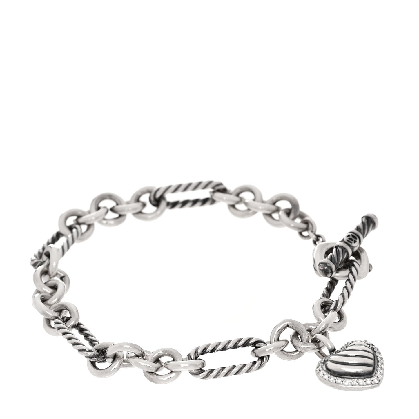 Sterling Silver Diamond Cable Heart Charm Bracelet