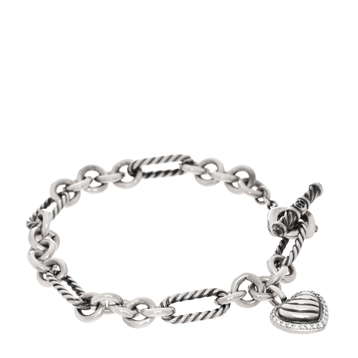 David Yurman Sterling Silver Diamond Cable Heart Charm Bracelet 1 of 4