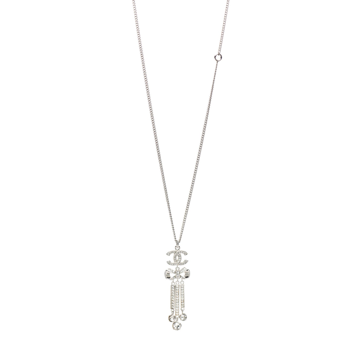 Crystal CC Bow Drop Necklace Silver