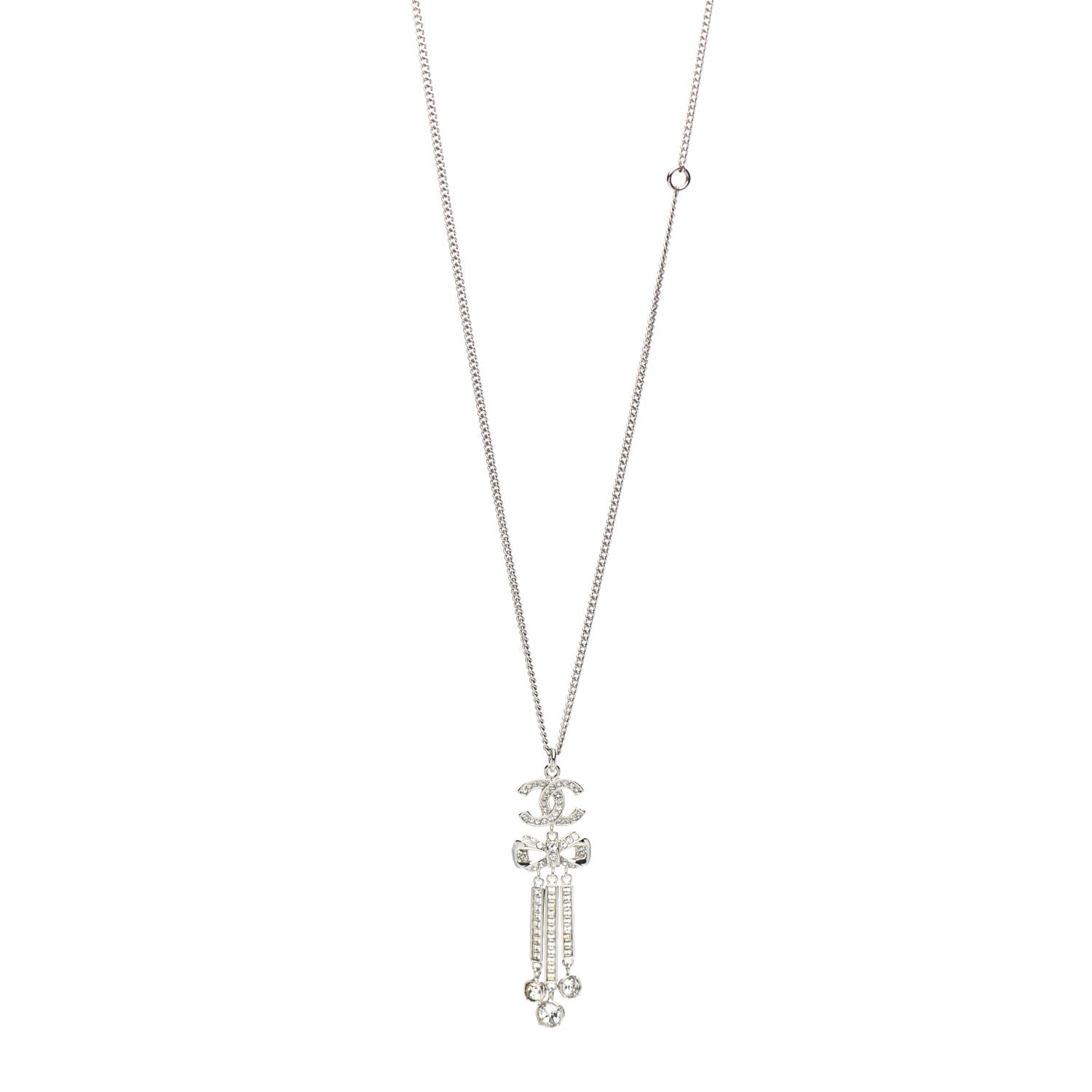 Chanel Crystal CC Bow Drop Necklace Silver 1 of 4