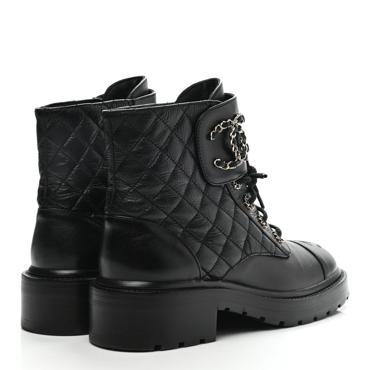 Shiny Lambskin Quilted Lace Up Combat Boots 37.5 Black