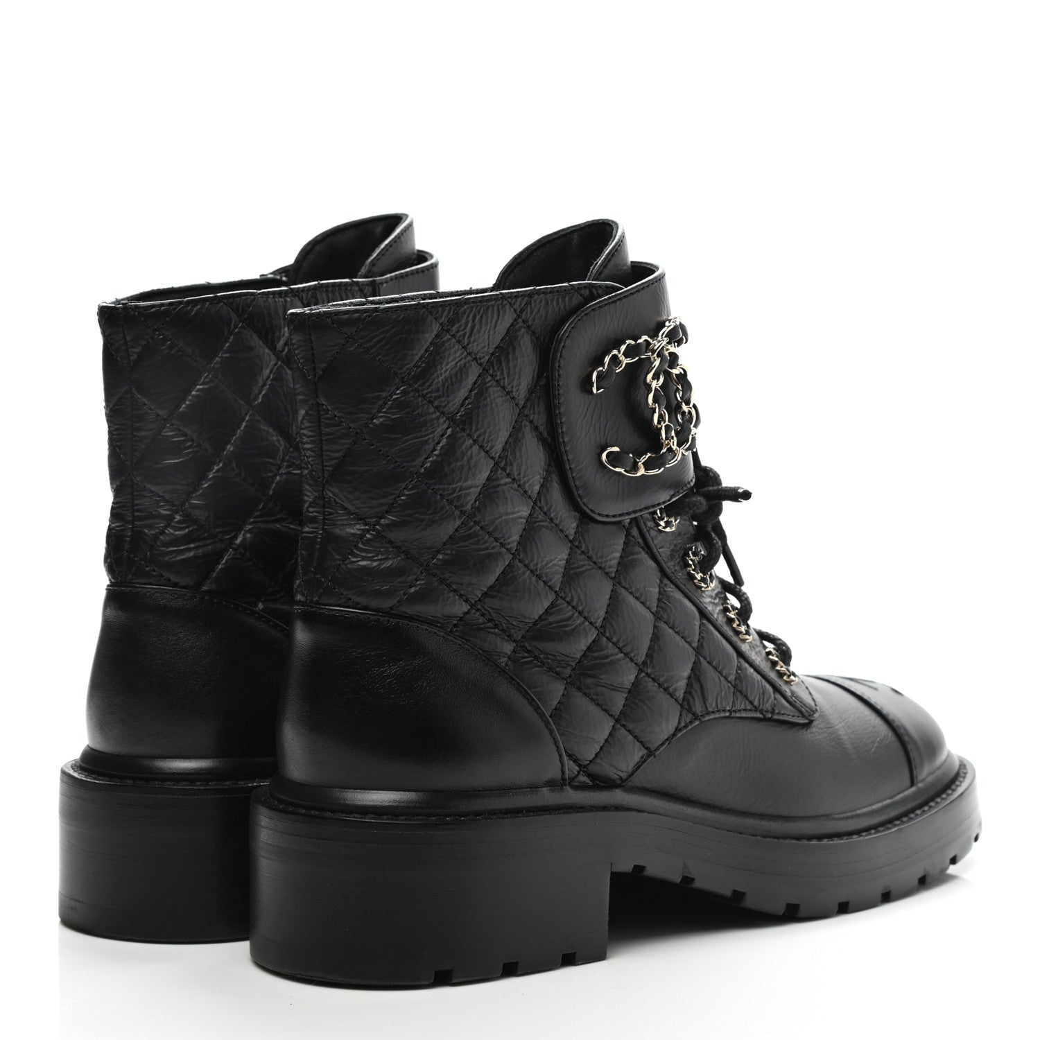Chanel Shiny Lambskin Quilted Lace Up Combat Boots 37.5 Black 4 of 9