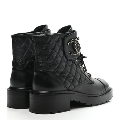 Chanel Shiny Lambskin Quilted Lace Up Combat Boots 37.5 Black 4 of 9