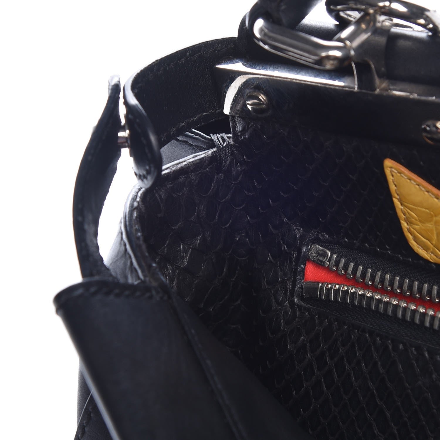 Fendi Vitello Seta Python Crocodile Monster Eyes Medium Peekaboo Iconic Satchel Black Girasole 10 of 11