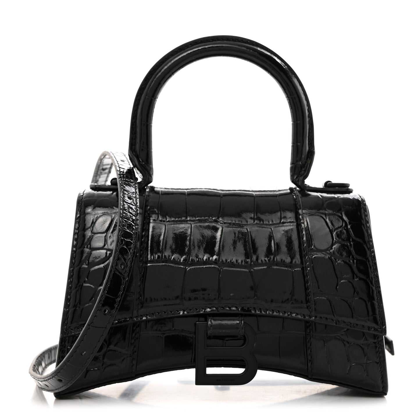 Shiny Calfskin Monochrome Crocodile Embossed Hourglass Top Handle Bag XS Black
