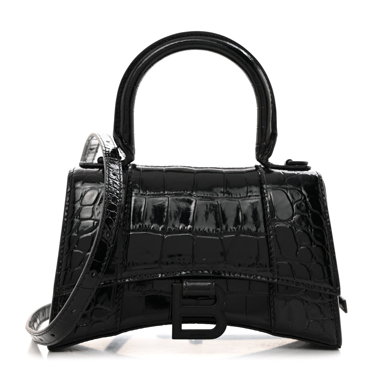 Balenciaga Shiny Calfskin Monochrome Crocodile Embossed Hourglass Top Handle Bag XS Black 1 of 11