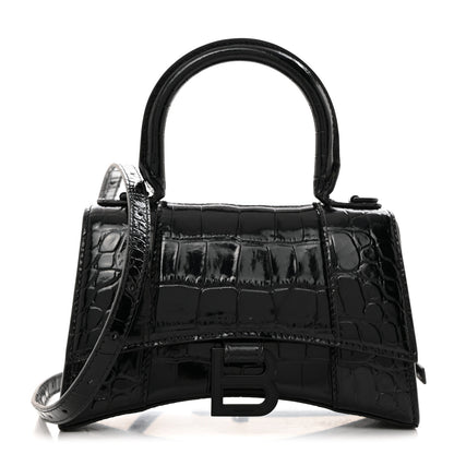 Balenciaga Shiny Calfskin Monochrome Crocodile Embossed Hourglass Top Handle Bag XS Black 1 of 11