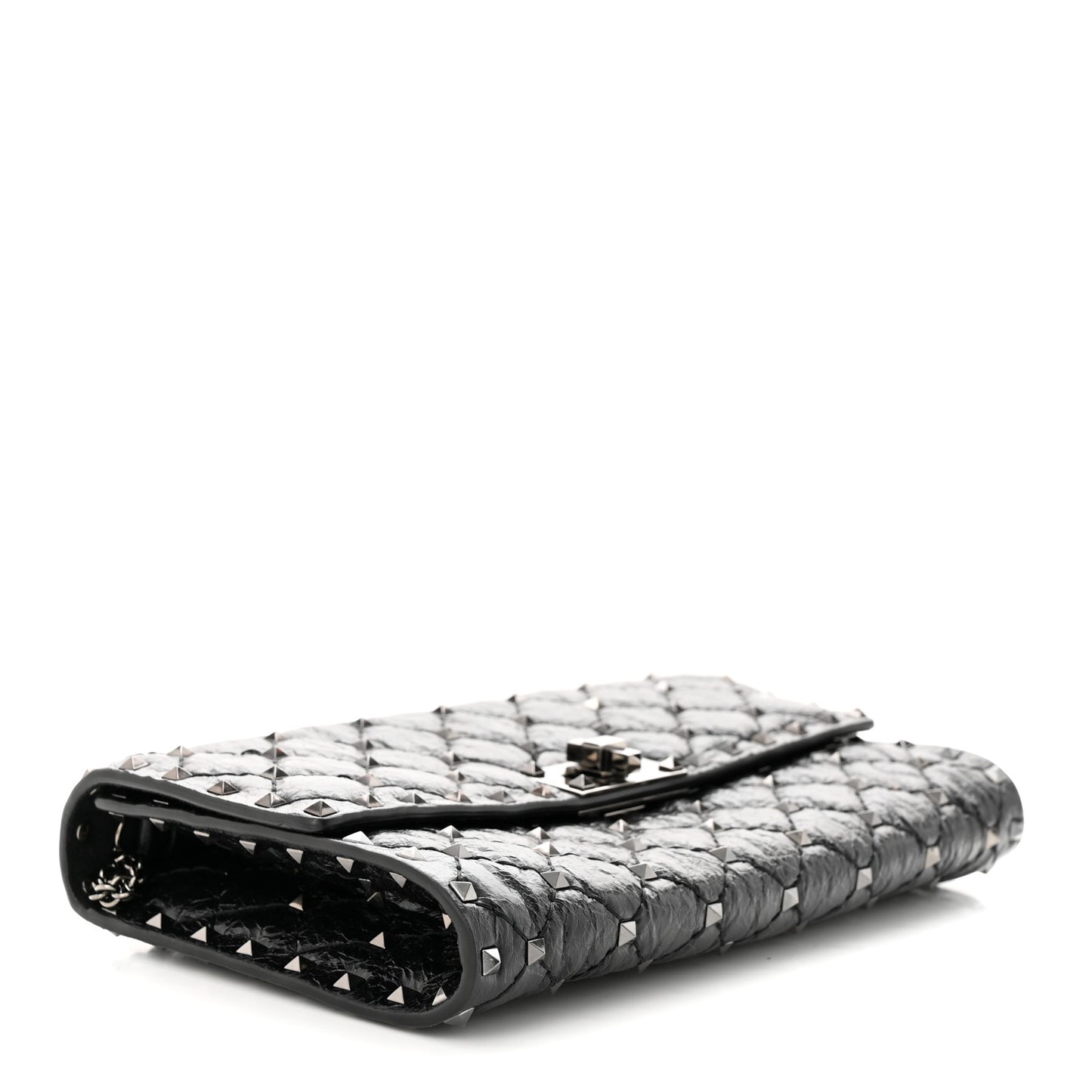 Craquele Nappa Rockstud Spike Wallet on Chain Black