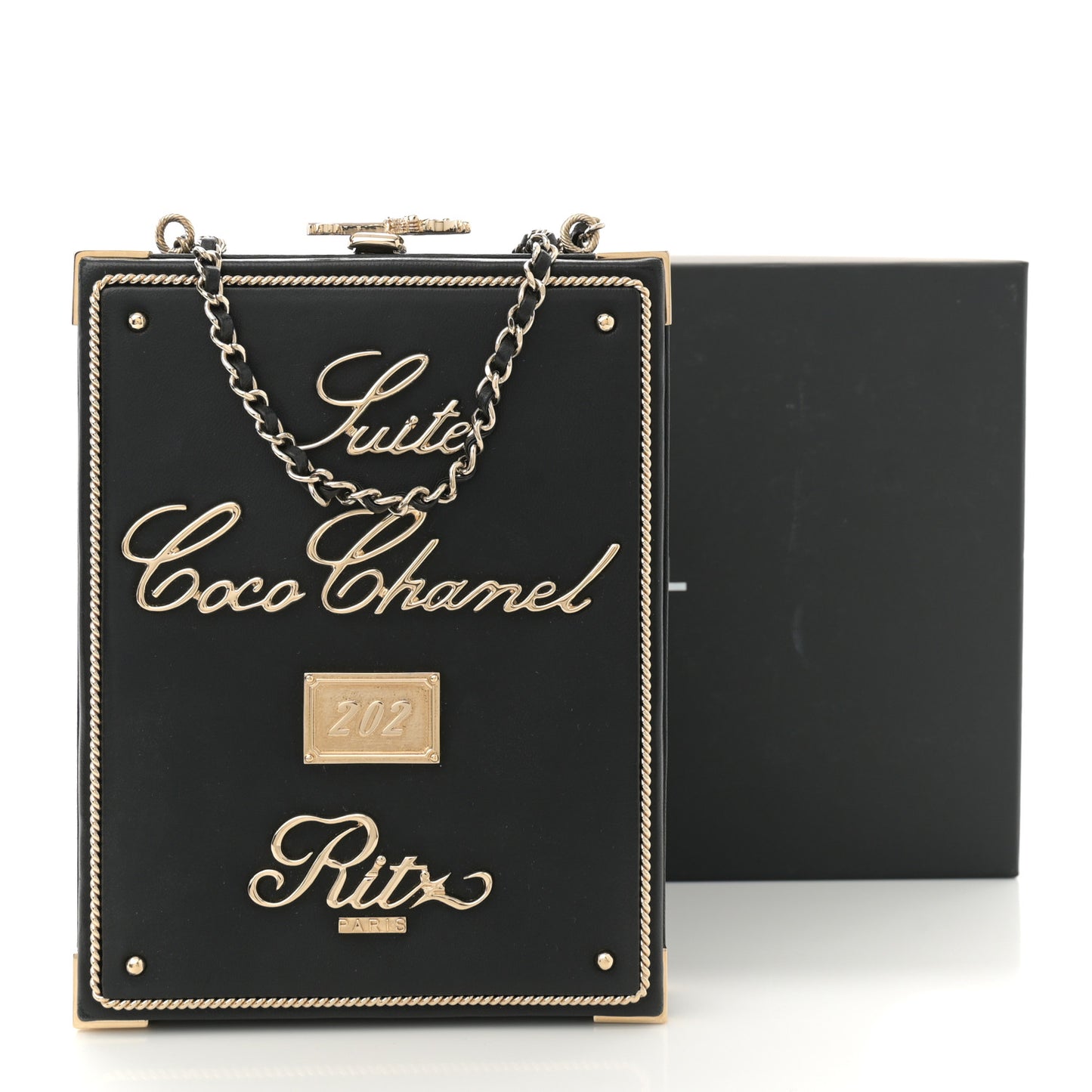 Lambskin Room Card Minaudiere Evening Bag Black Gold