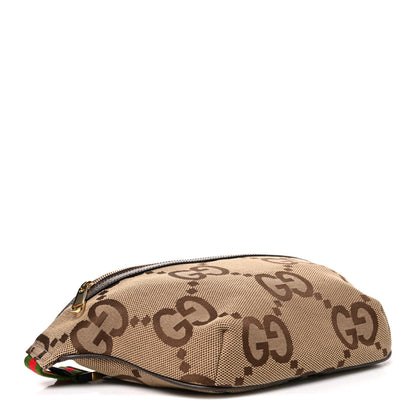 Gucci Monogram Jumbo GG Textured Dollar Calfskin Web Belt Bag Camel Ebony New Acero 3 of 9