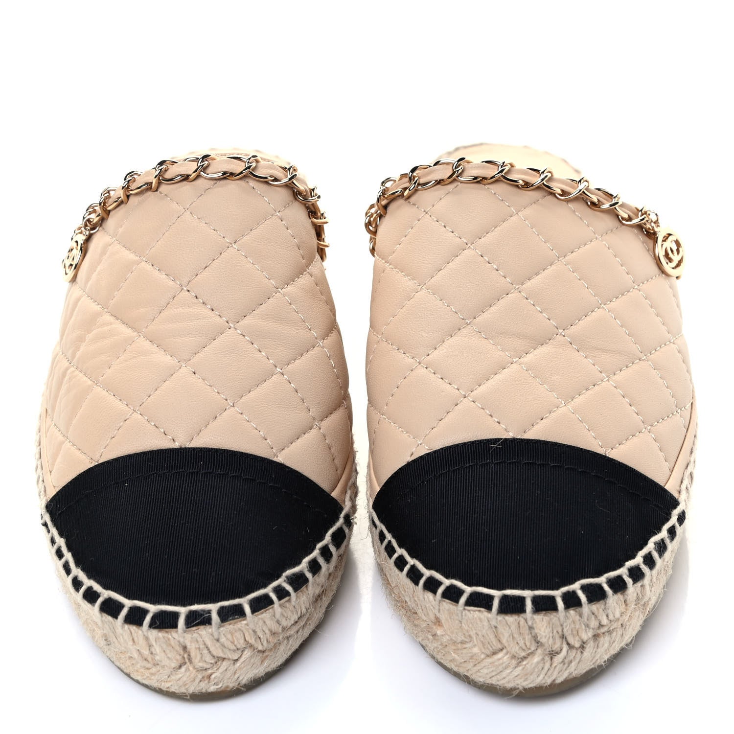 Chanel Lambskin Grosgrain Quilted CC Chain Espadrille Mules 38 Beige Black 4 of 8