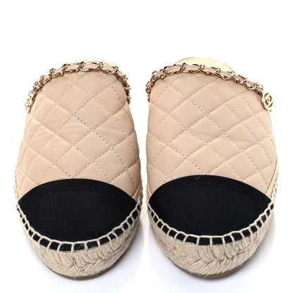 Chanel Lambskin Grosgrain Quilted CC Chain Espadrille Mules 38 Beige Black 4 of 8