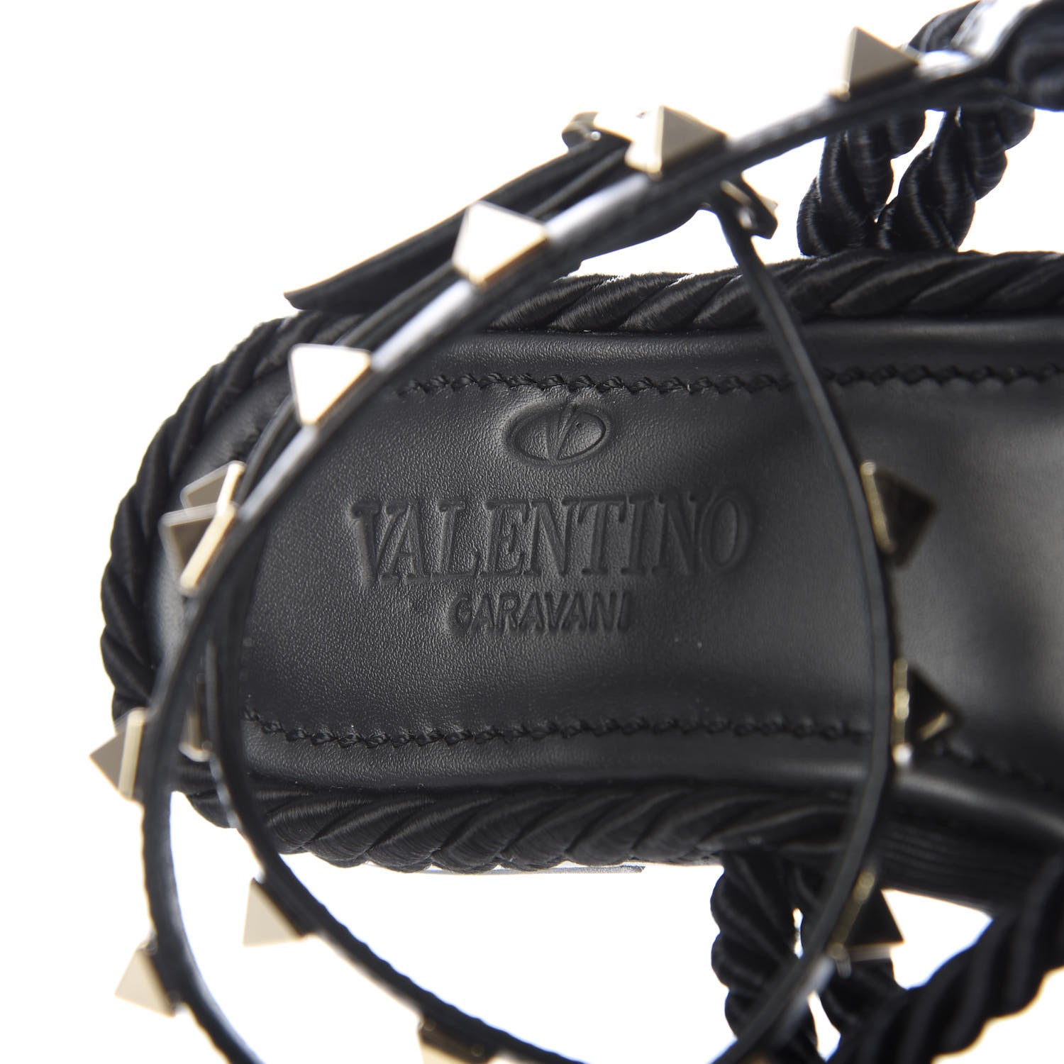 Valentino Garavani Calfskin Rockstud Torchon Rope Espadrille Flat Sandals 35 Black 8 of 10