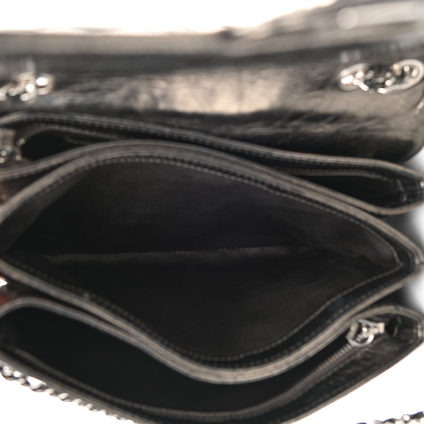 Metallic Crackled Calfskin Medium Clam's Pocket Flap Dark Silver