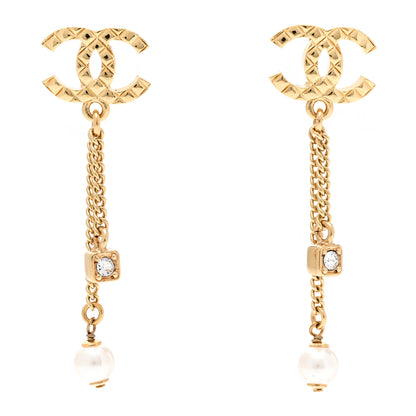 Chanel Pearl Crystal CC Chain Drop Earrings Gold 1 of 5