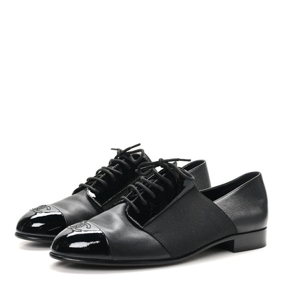 Chanel Goatskin Patent Womens CC Cap Toe Lace Up Oxfords 36.5 Black 4 of 10