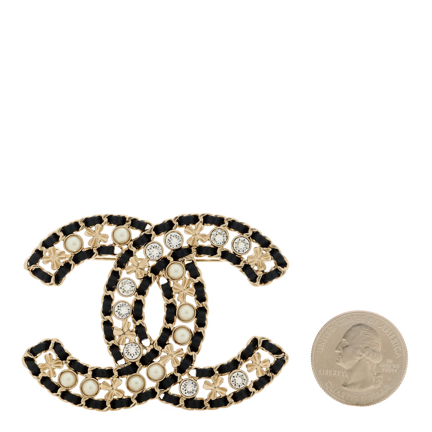 Chanel Lambskin Pearl Crystal CC Brooch Gold Black 2 of 5