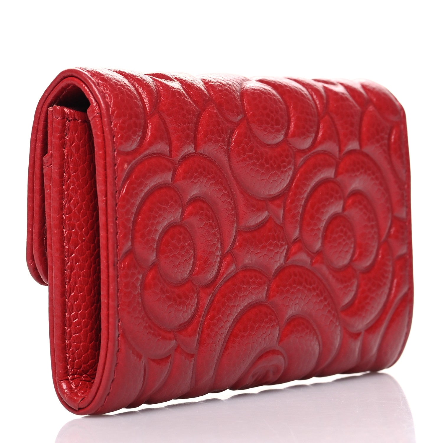 Chanel Caviar Camellia Embossed Card Holder Wallet Red 3 of 9