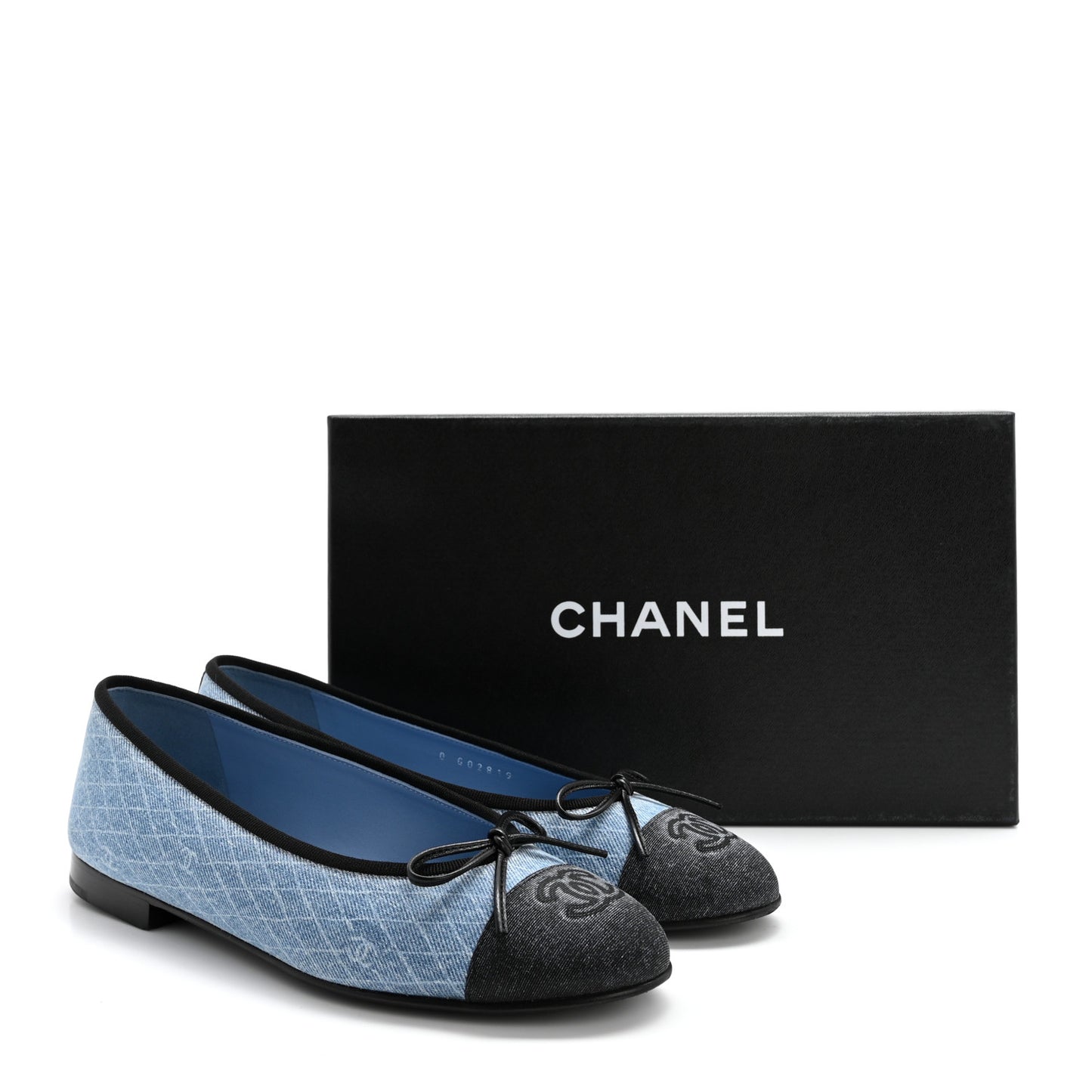 Denim Printed Quilt CC Cap Toe Ballerina Flats 37.5 Light Blue Dark Grey