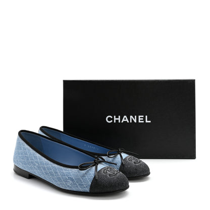 Chanel Denim Printed Quilt CC Cap Toe Ballerina Flats 37.5 Light Blue Dark Grey 11 of 11