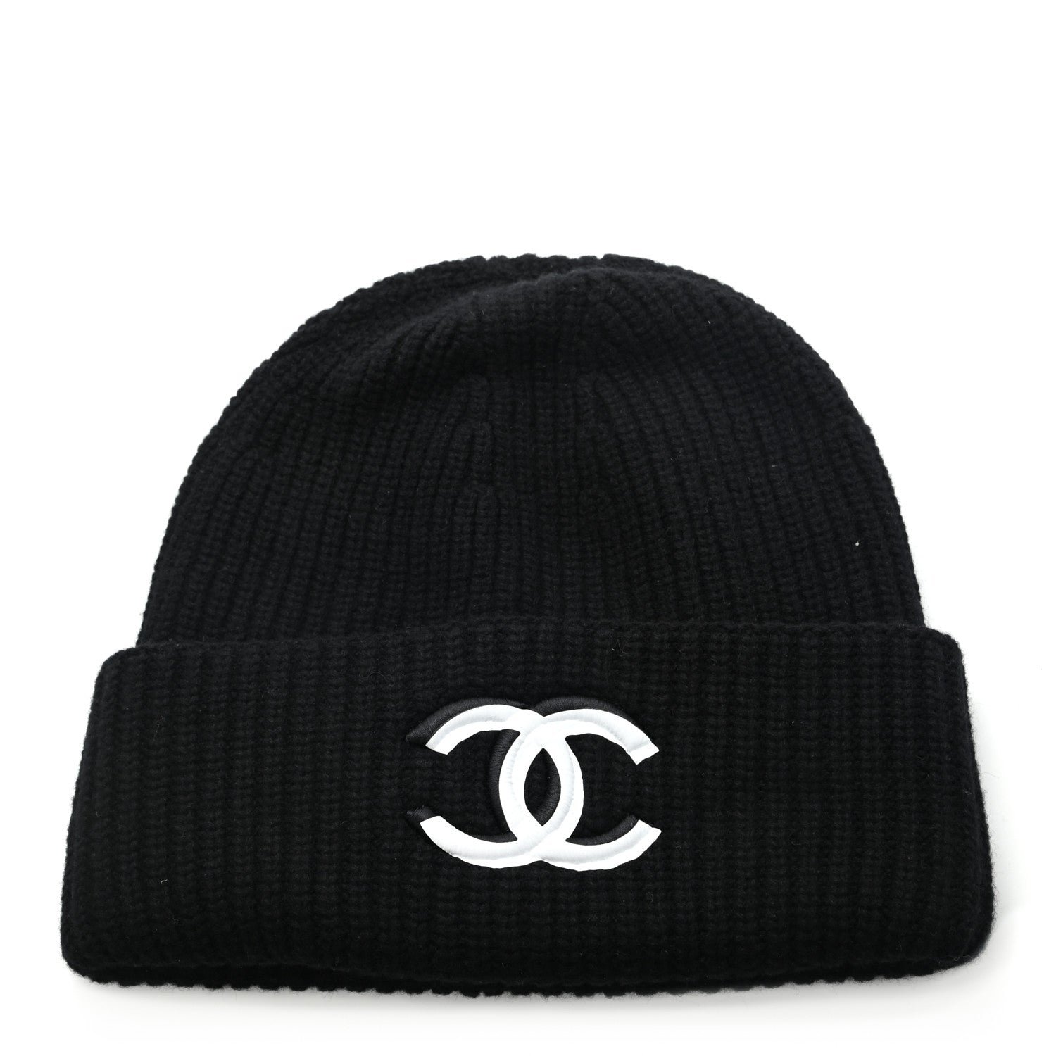 Chanel Cashmere Blend CC Beanie Hat Black White 1 of 6