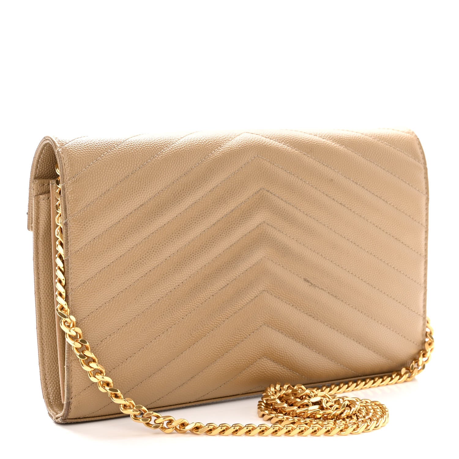 Saint Laurent Grain De Poudre Matelasse Chevron Monogram Chain Wallet Dark Latte 3 of 12