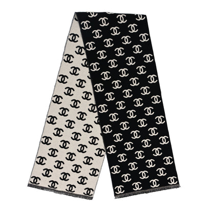 Chanel Wool Cashmere CC Scarf Black White 2 of 4