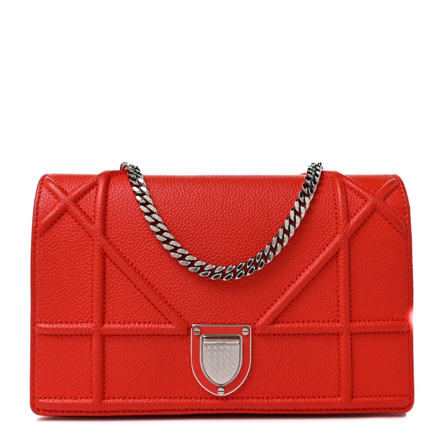 Christian Dior Grained Calfskin Diorama Wallet on Chain Pouch Rouge Vif 1 of 8