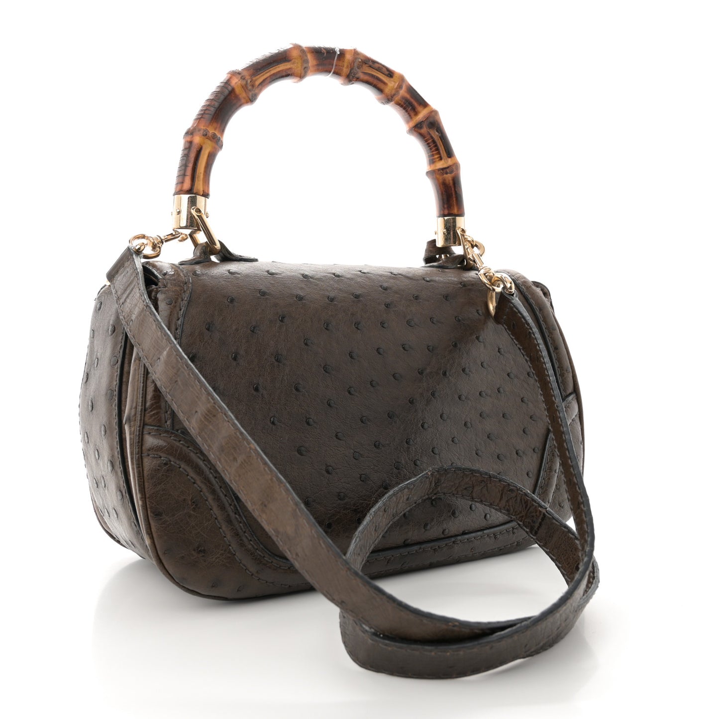 Ostrich Medium New Bamboo Top Handle Bag Dark Brown