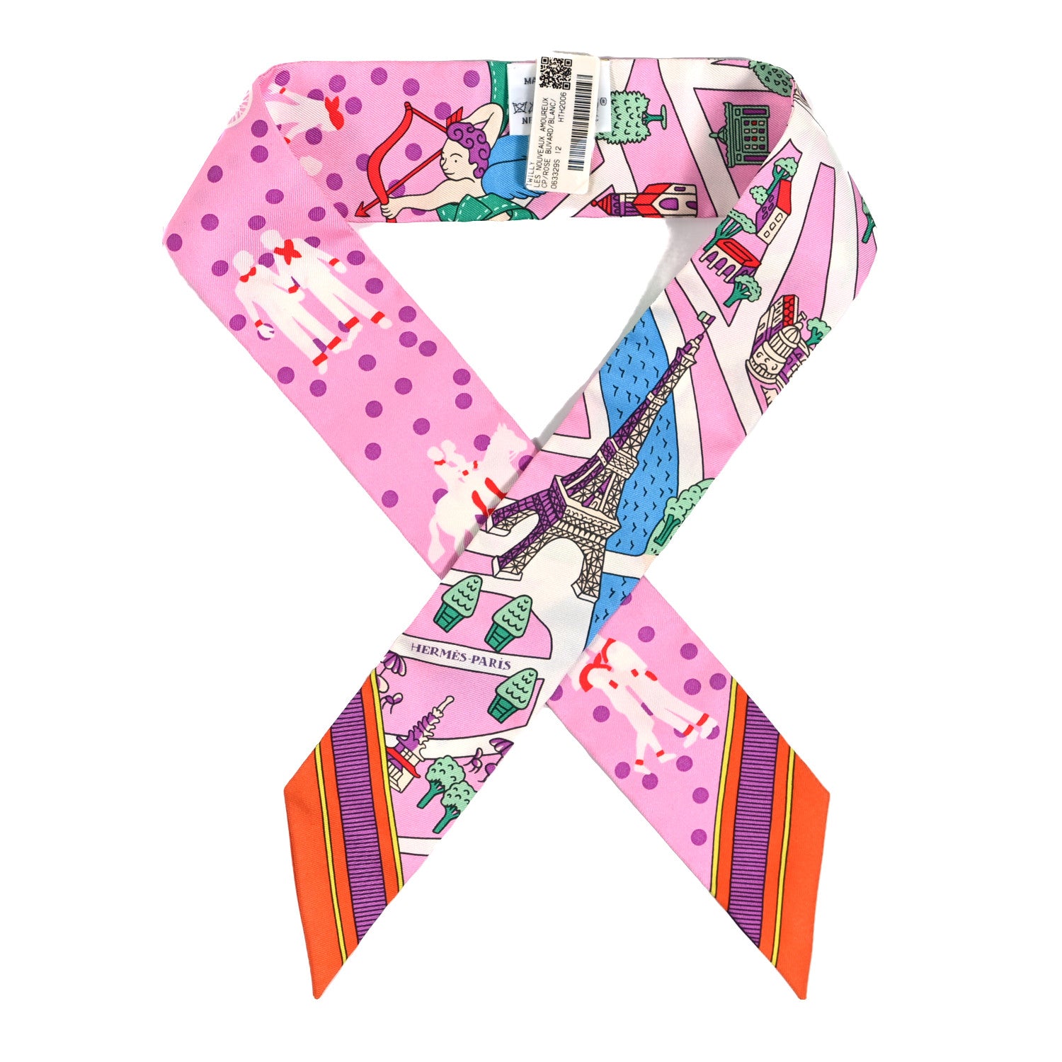Hermes Silk Les Nouveaux Amoureux de Paris Twilly Rose Buvard White Vert 1 of 4
