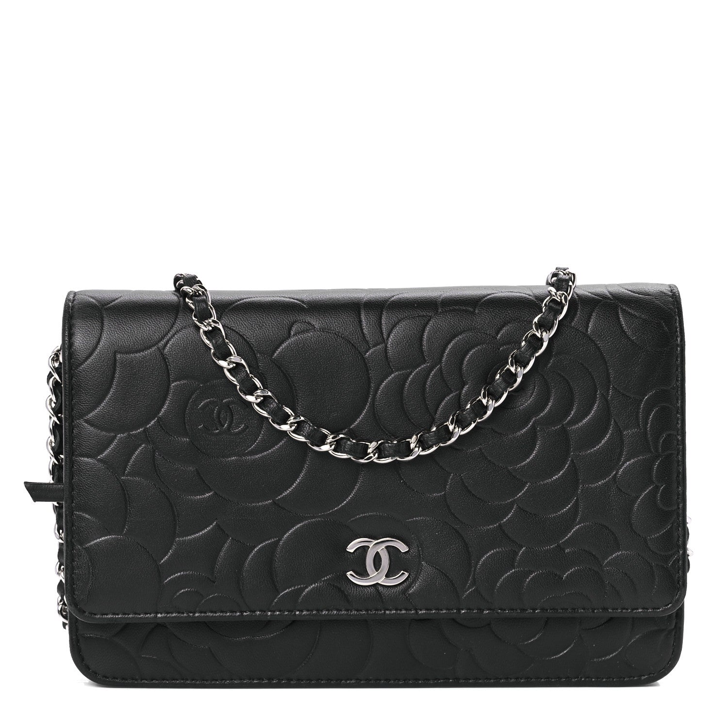 Chanel Lambskin Camellia Embossed Wallet on Chain WOC Black 1 of 12