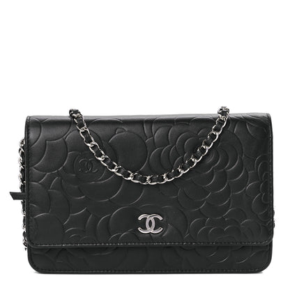 Chanel Lambskin Camellia Embossed Wallet on Chain WOC Black 1 of 12