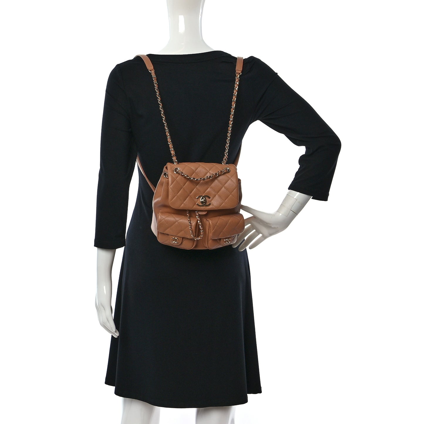 Shiny Caviar Quilted Medium Duma Pockets Drawstring Backpack Dark Beige