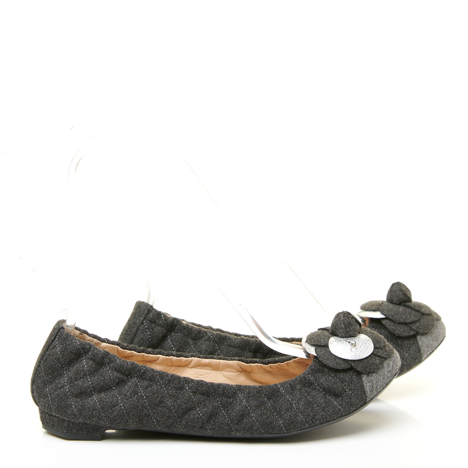 Chanel Tweed Quilted Camellia Cap Toe Ballerina Flats 37.5 Grey 4 of 10